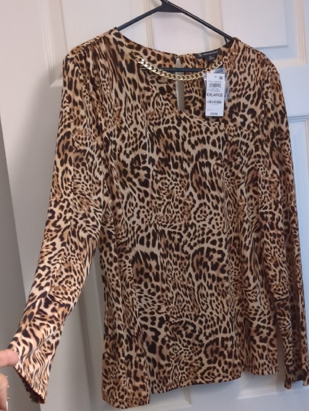 INC International Concepts Leopard Print Long Sleeve Top with Gold Chain